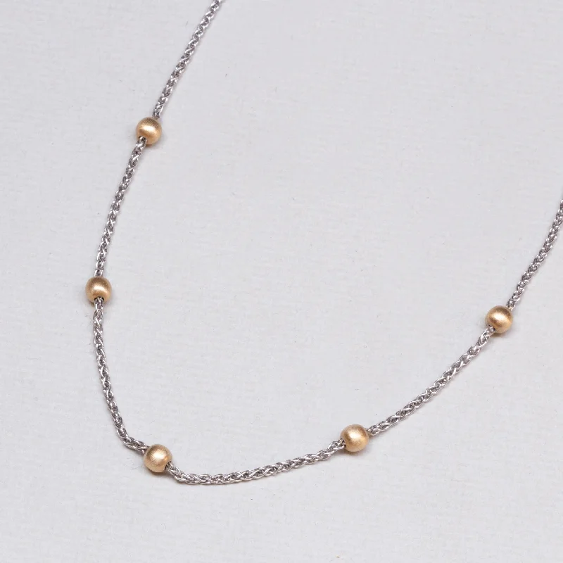 Long Gold Necklace For Casual Look-White Gold Station Necklace with Yellow Gold Balls