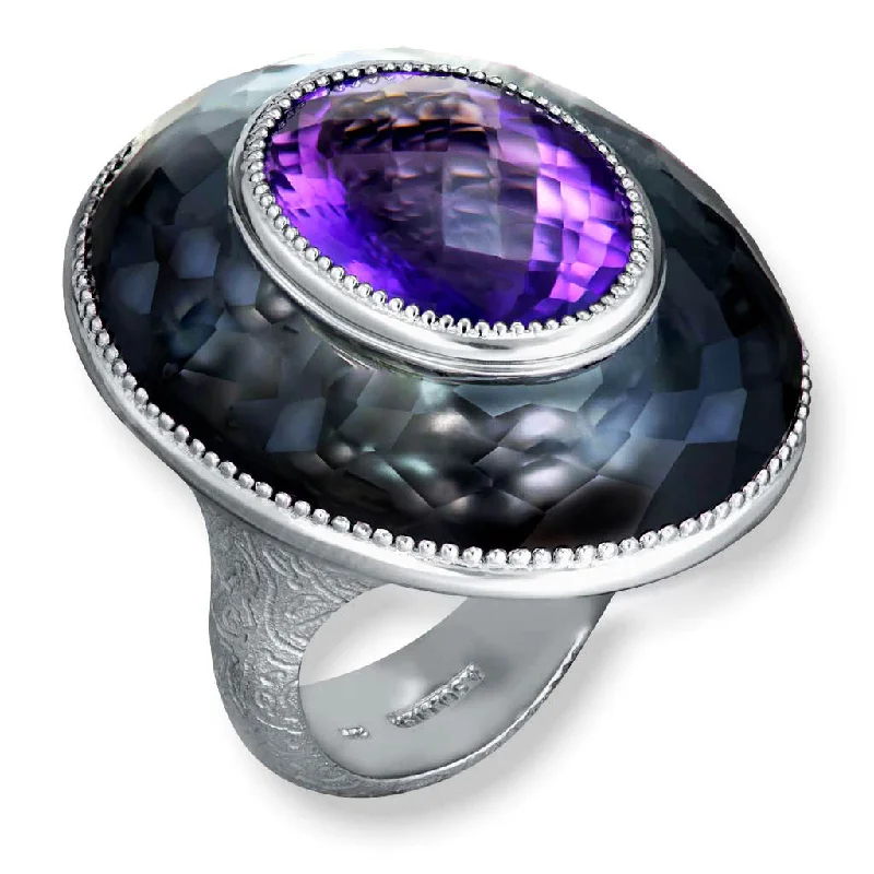 Sparkling Gemstone Engagement Rings For Bridesmaids-Silver Galactica Ring with Amethyst, Hematite & Quartz