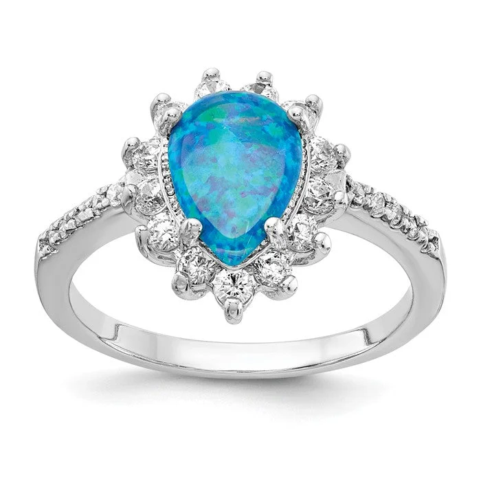 Trendy Wedding Rings For Modern Brides-Cheryl M Sterling Silver Blue Opal Pear Halo Ring