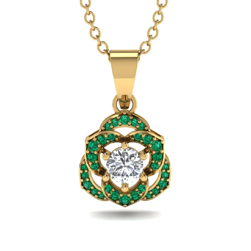 Trendy Silver Pendant Necklace For Fashion Lovers-Golden Rose Blossom Necklace With Exquisite Emerald Detailing - Reign No. 16