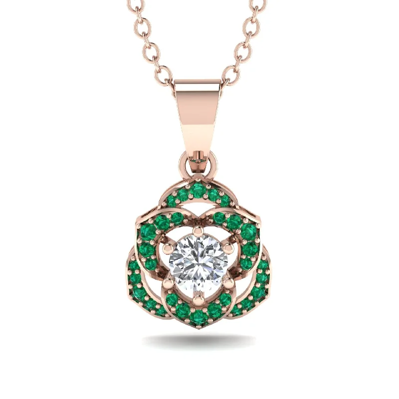 Custom Birthstone Necklace For Special Occasions-Golden Rose Blossom Necklace With Exquisite Emerald Detailing - Reign No. 17