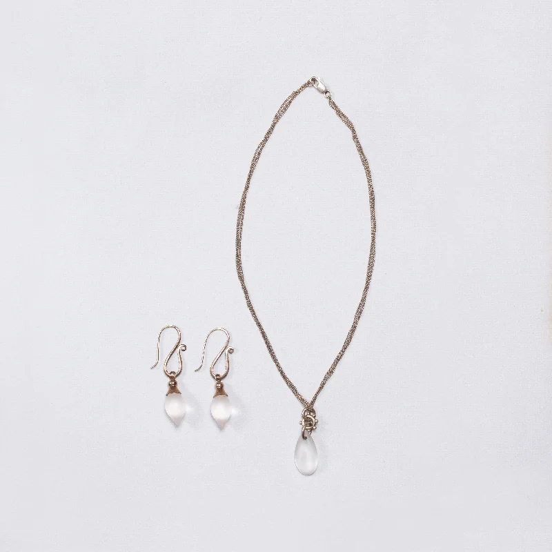 Minimalist Gold Chain Necklace For Daily Wear-Set of Silver Necklace and Earrings with Frosted Glass