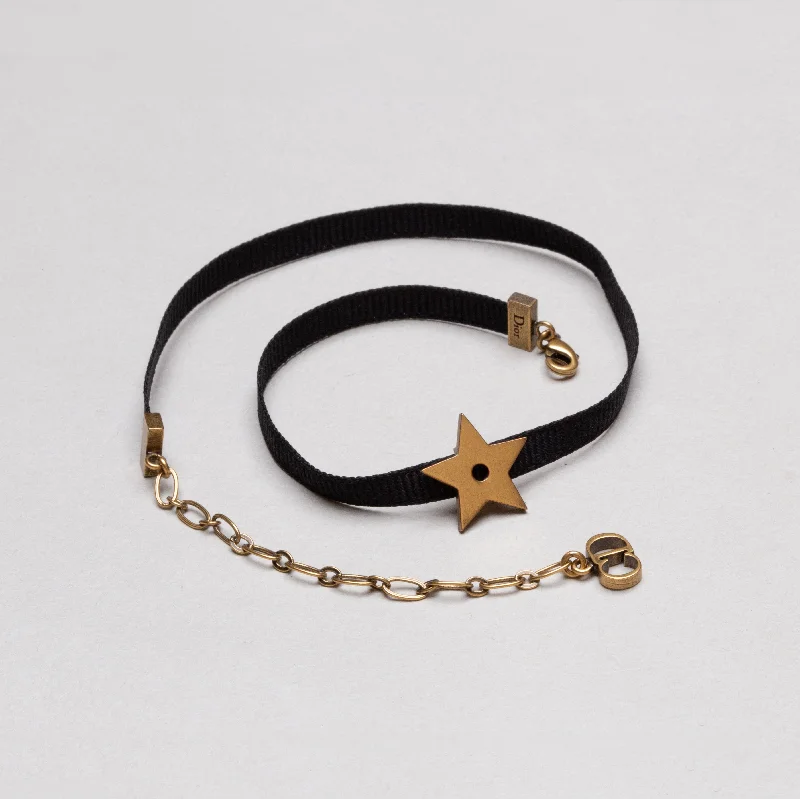 Simple Crystal Necklace For Formal Wear-Vintage Christian Dior Black Grosgrain Ribbon Star Choker Necklace