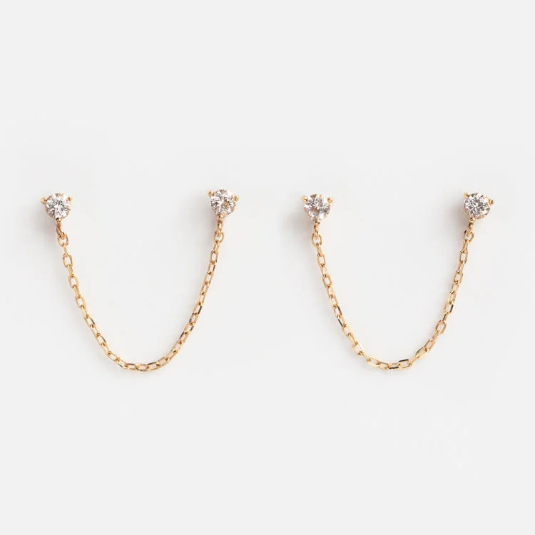 Trendy Gold Earrings For Evening Out-Solid Gold Double Piercing Chain Earrings