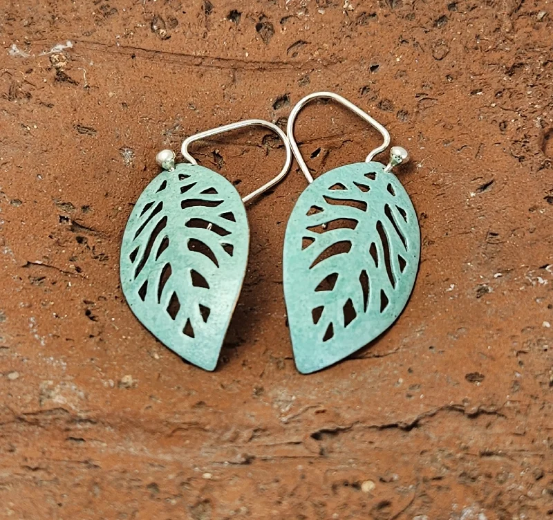 Unique Pearl Earrings For Evening Wear-Patina Leaf Drop Earrings with Sterling Hook