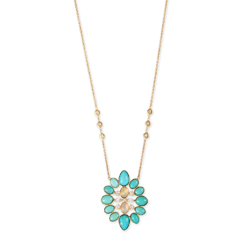 Elegant Teardrop Necklace For Fashionable Look-DIAMOND + TURQUOISE OPAL BLOSSOM NECKLACE