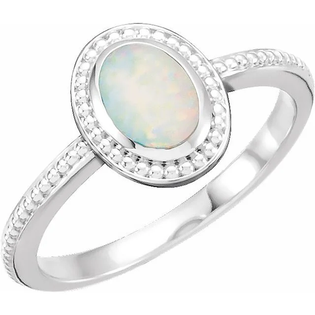 Classic Rose Gold Wedding Bands For Bridesmaids-14k White Gold Oval Genuine Australian Opal Cabochon Beaded Ring