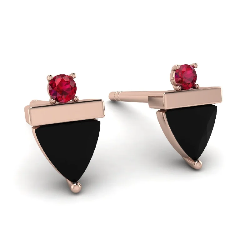 Vintage Gold Earrings For Wedding Day-Triangle Black Diamond Earrings With Round Stone - Estella No. 53