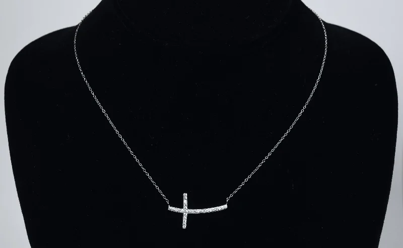 Long Beaded Necklace For Bohemian Style-Sterling Silver Curved Crystal Cross Necklace