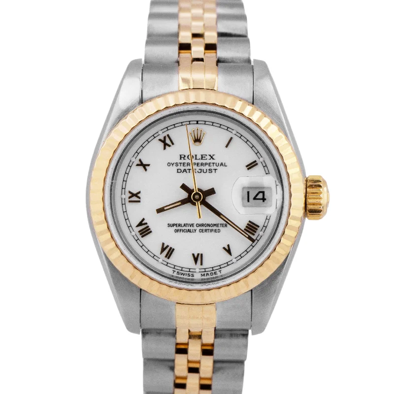 Designer Watches For Watches Collectors-PAPERS MINT Rolex DateJust 26mm White Roman Two-Tone 18K Gold Jubilee 69173 BOX