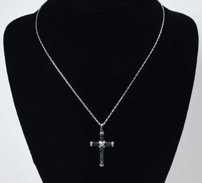 Long Gold Necklace For Casual Look-Blue and White Diamond Sterling Silver Cross Pendant on Sterling Silver Chain Necklace