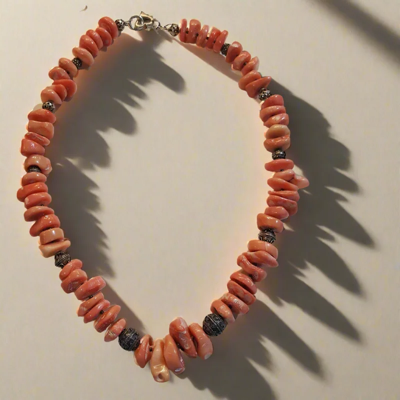 Custom Silver Bar Necklace For Personalized Style-Necklace with baroque Pink Coral Stones (Angel Skin) and Silver Elements