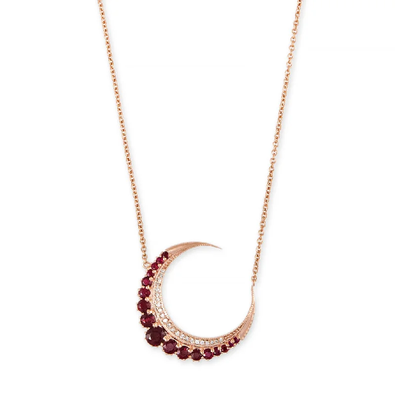 Unique Boho Necklace For Free-Spirited Look-LARGE RUBY CRESCENT MOON NECKLACE