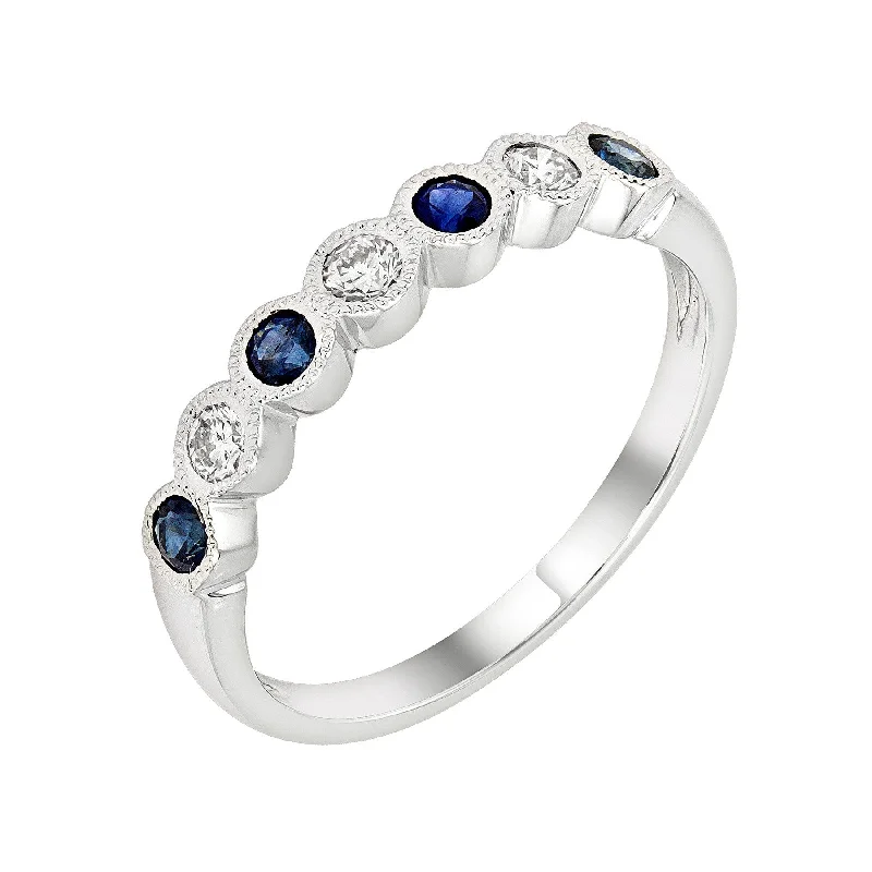 Custom Birthstone Rings For Personalized Jewelry-14k White Gold Blue Sapphire & Diamond Wedding Anniversary Band