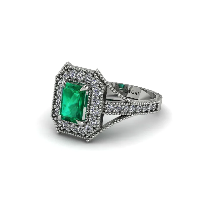 Unique Wedding Bands For Elegant Brides-Emerald Cut Diamond Milgrain Halo Engagement Ring - Xanthe No. 6