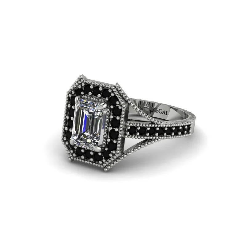 Elegant Wedding Bands For Special Occasions-Emerald Cut Black Diamond Milgrain Halo Engagement Ring - Xanthe No. 33