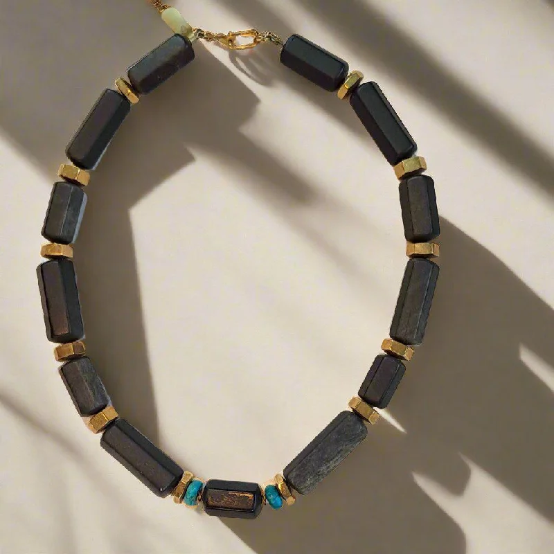 Custom Pendant Necklace For Holiday Gifts-Necklace in 18k gold with Black Obsidian and Turquoise stones