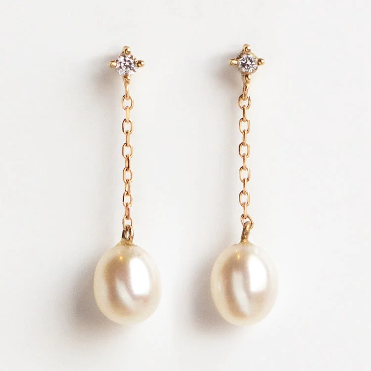 Large Hoop Earrings With Pearls-Solid Gold Pearl and White Sapphire Drop Earrings