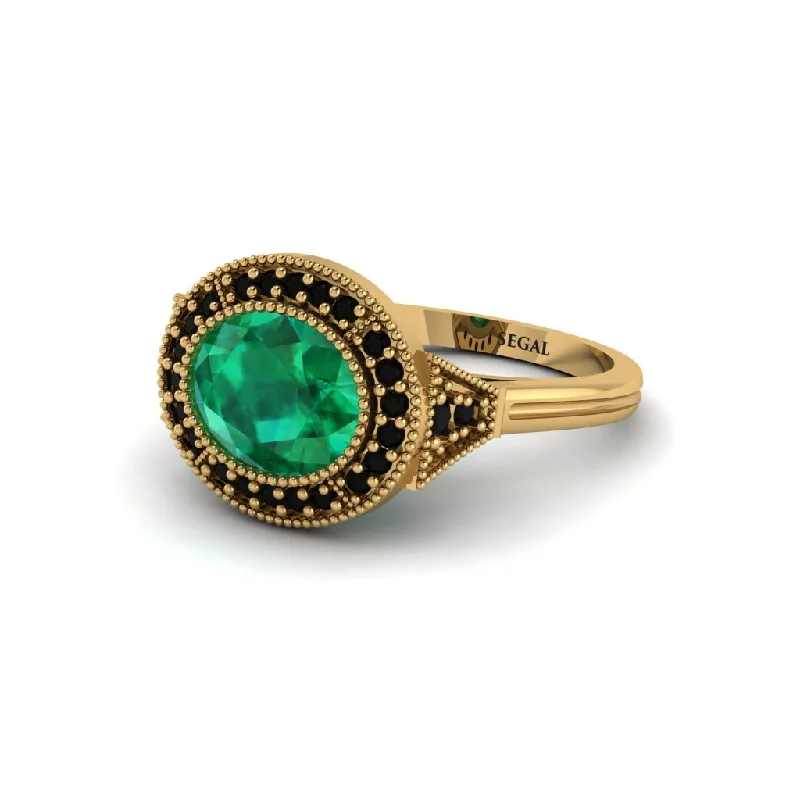 Unique Silver Rings For Engagement-Oval Cut Emerald Milgrain Halo Engagement Ring - Alexandria No. 34