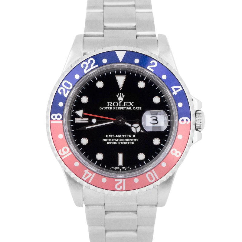 Elegant Watches With Minimalist Design-MINT 1999 Rolex GMT-Master II PEPSI Oyster 40mm Blue Red Date Steel 16710 Watch