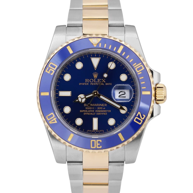 Men’s Watches With Ceramic Bands-MINT Rolex Submariner Date Two-Tone BLUE 18K Yellow Gold Steel 40mm 116613 LB