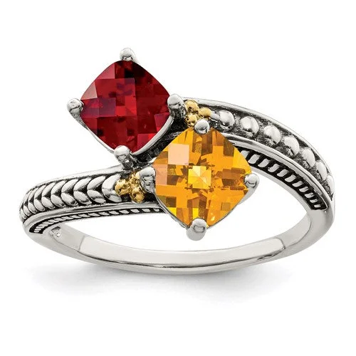 Trendy Engagement Rings With Colored Gemstones-Sterling Silver & 14k Cushion Cut Family Mother's Birthstone Ring