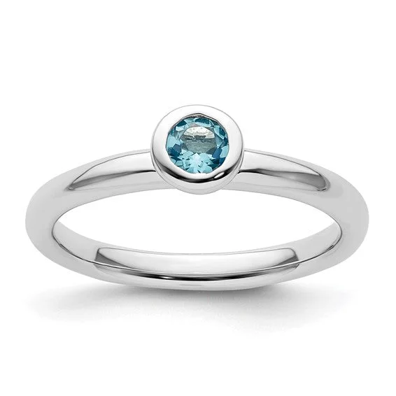 Custom Wedding Bands With Engraved Names-Sterling Silver Stackable Expressions Low 4mm Round Blue Topaz Ring