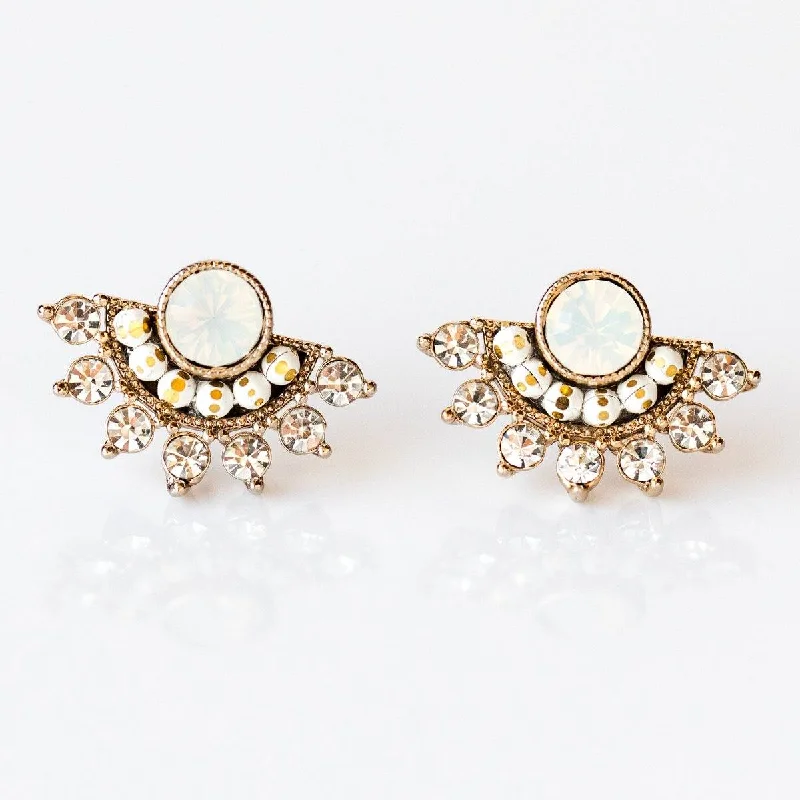 Simple Silver Stud Earrings For Office-Nico Fan Earrings in White Opal