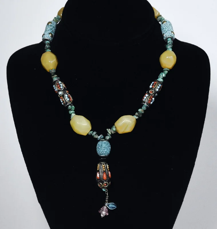 Sparkling Gold Necklace For Evening Parties-Ornate Colorful Beaded Necklace with Turquoise Chips