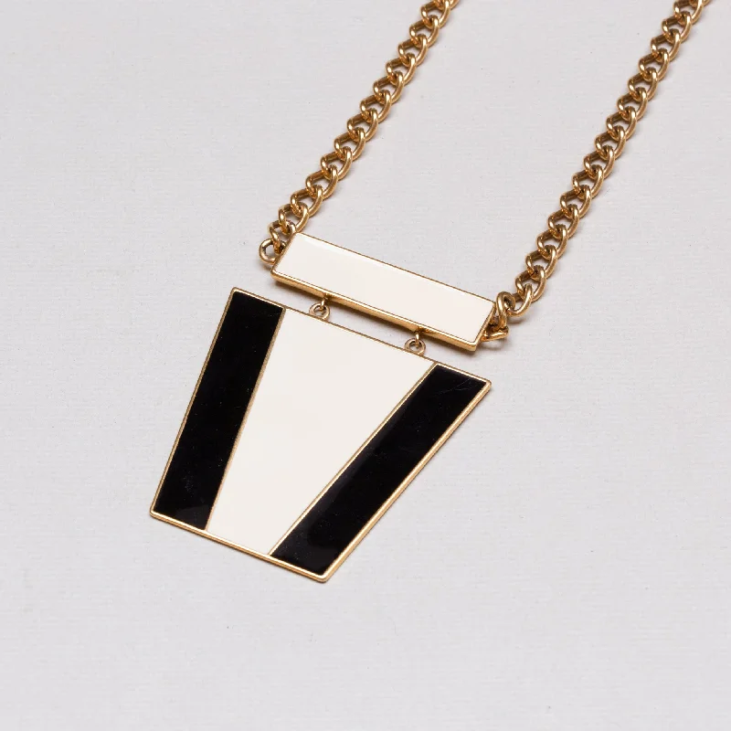 Handcrafted Gemstone Necklace For Weddings-Vintage Monochrome Enamel Pendant Necklace with Gold Chain