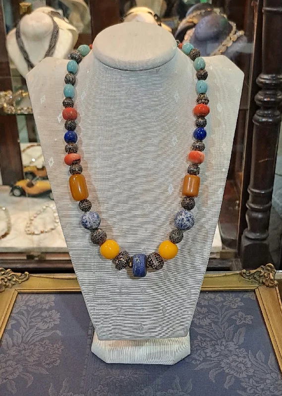 Colorful Beaded Necklace For Holiday Look-Necklace in sterling silver with various gemstones incl lapis lazulis, carnelian