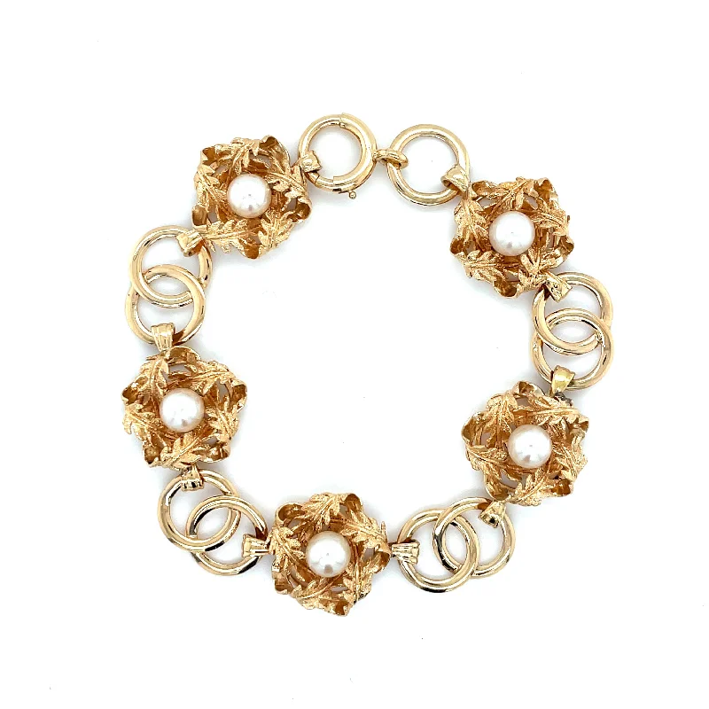 Vintage Gold Bracelets-ESTATE 14KY Gold Bird's Nest Style Pearl Bracelet