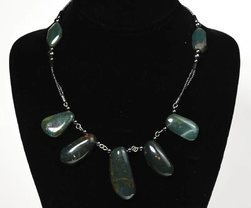 Custom Chain Necklace For Personalized Style-Bloodstone Pendants Necklace with Magnetite and Green Onyx Beads