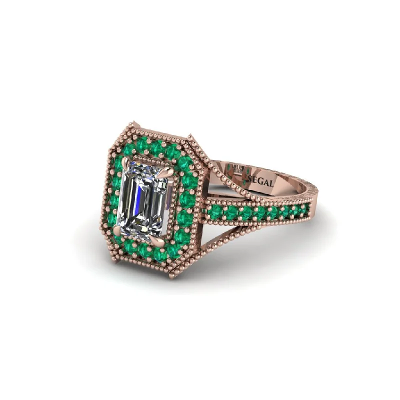 Custom Gold Rings For Engagement Gifts-Emerald Cut Emerald Milgrain Halo Engagement Ring - Xanthe No. 17