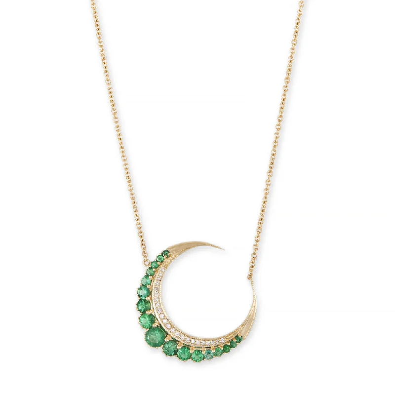 Personalized Silver Necklace For Custom Gifts-LARGE EMERALD CRESCENT MOON NECKLACE