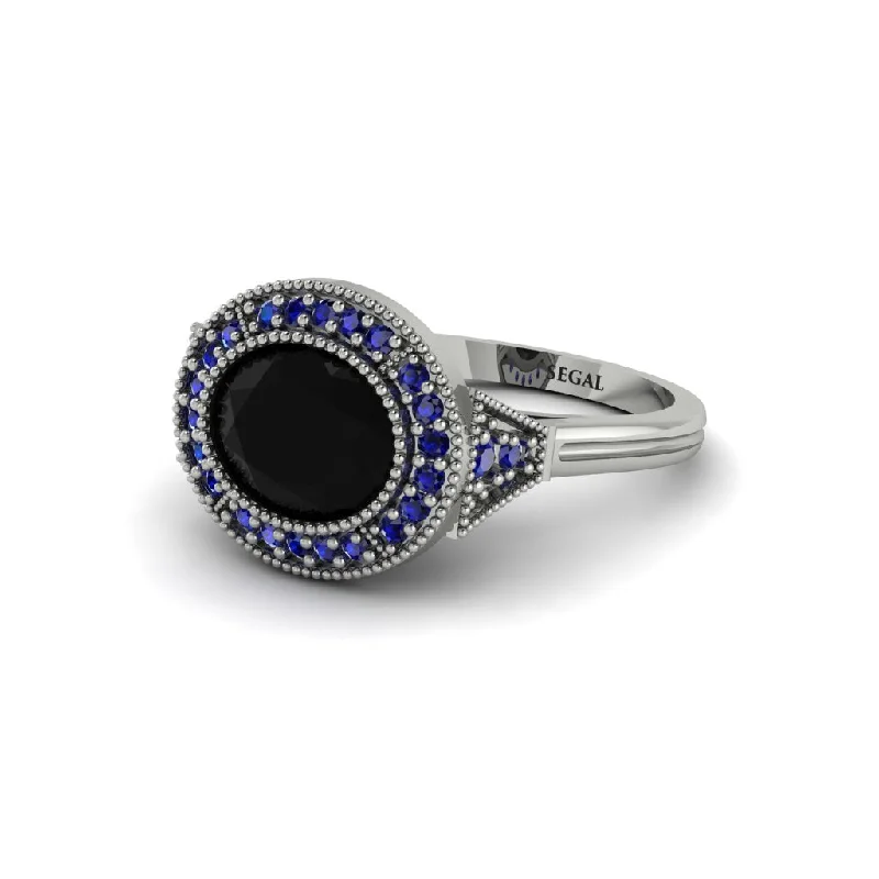 Trendy Engagement Rings With Colored Stones For Brides-Oval Cut Black Diamond Milgrain Halo Engagement Ring - Alexandria No. 69