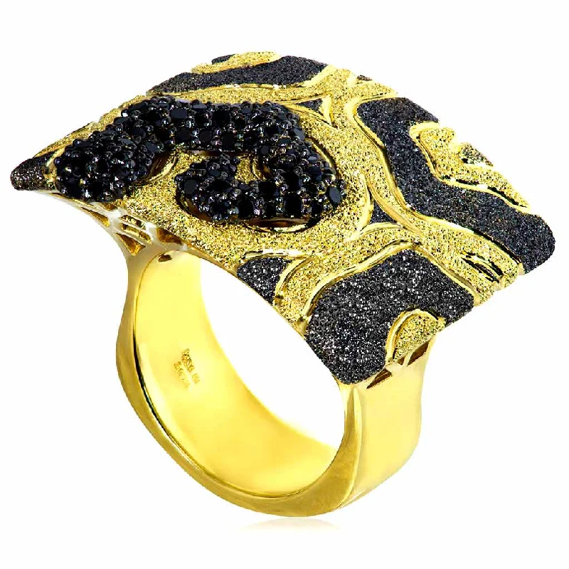 Personalized Diamond Engagement Rings For Grooms-Gold Volna Ring with Black Diamonds