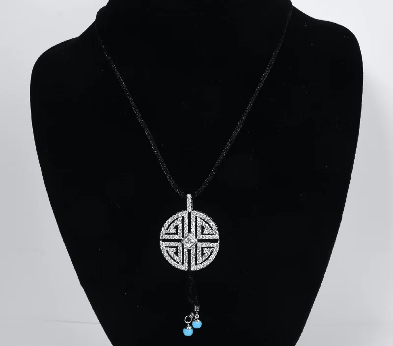 Unique Boho Necklace For Free-Spirited Look-Black Silk Necklace with Bling Silver Tone Pendant - 16.5"