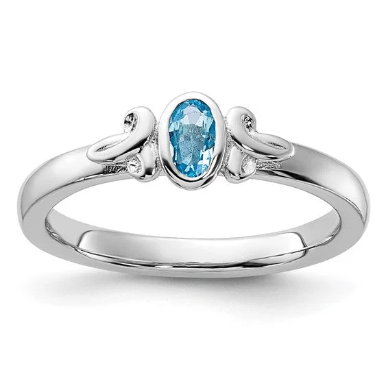 Trendy Wedding Rings For Modern Brides-Sterling Silver Stackable Expressions Blue Topaz Oval Ring