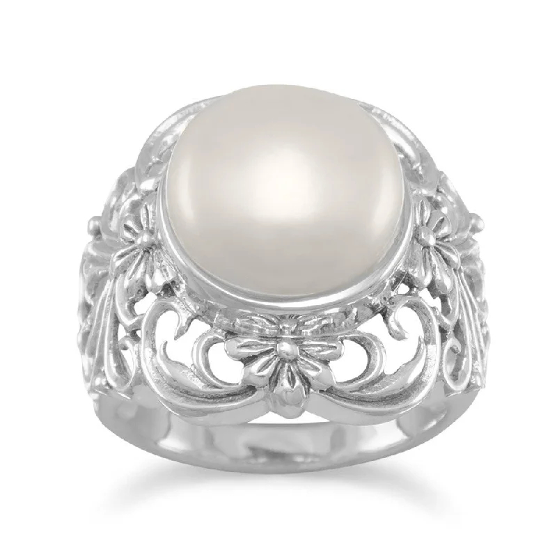 Luxury Wedding Rings For Fashion-Forward Brides-Sterling Silver Ornate Cultured Freshwater Pearl Ring