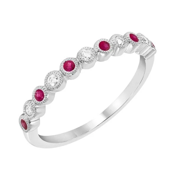 Elegant Diamond Rings For Engagement Gifts-14k White Gold Round Alternating Genuine Diamond And Ruby Anniversary Ring