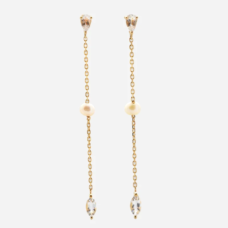 Elegant Hoop Earrings With Pearls-Solid Gold Pearl and White Topaz Drop Earrings