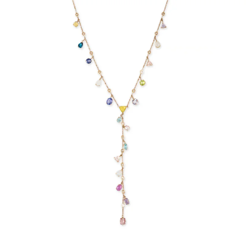 Elegant Diamond Pendant Necklace For Special Events-MULTI SHAPE GEMSTONE + DIAMOND SHAKER Y NECKLACE