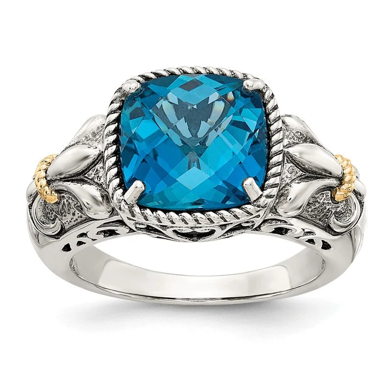 Handmade Engagement Rings For Couples-Shey Couture Sterling Silver w/ 14k Gold Accents Cushion London Blue Topaz Fleur-de-lis Ring