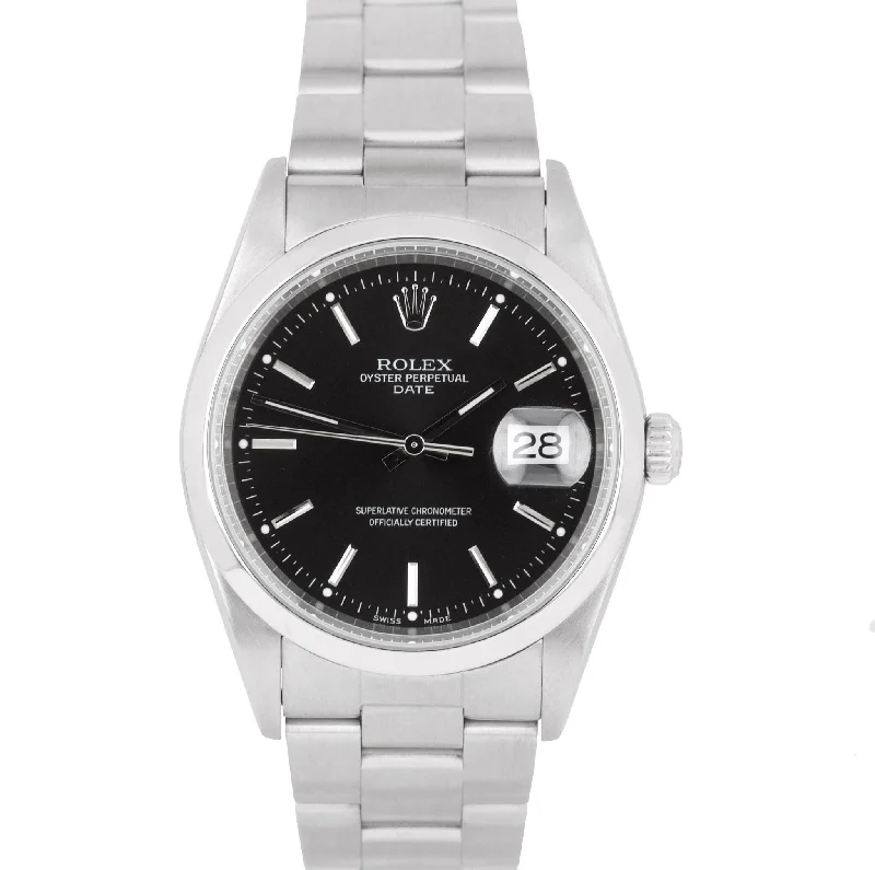 Classic Watches With Stainless Steel Cases-2001 MINT Rolex Date 15200 Black Stick 34mm Oyster Stainless NO-HOLES Watch