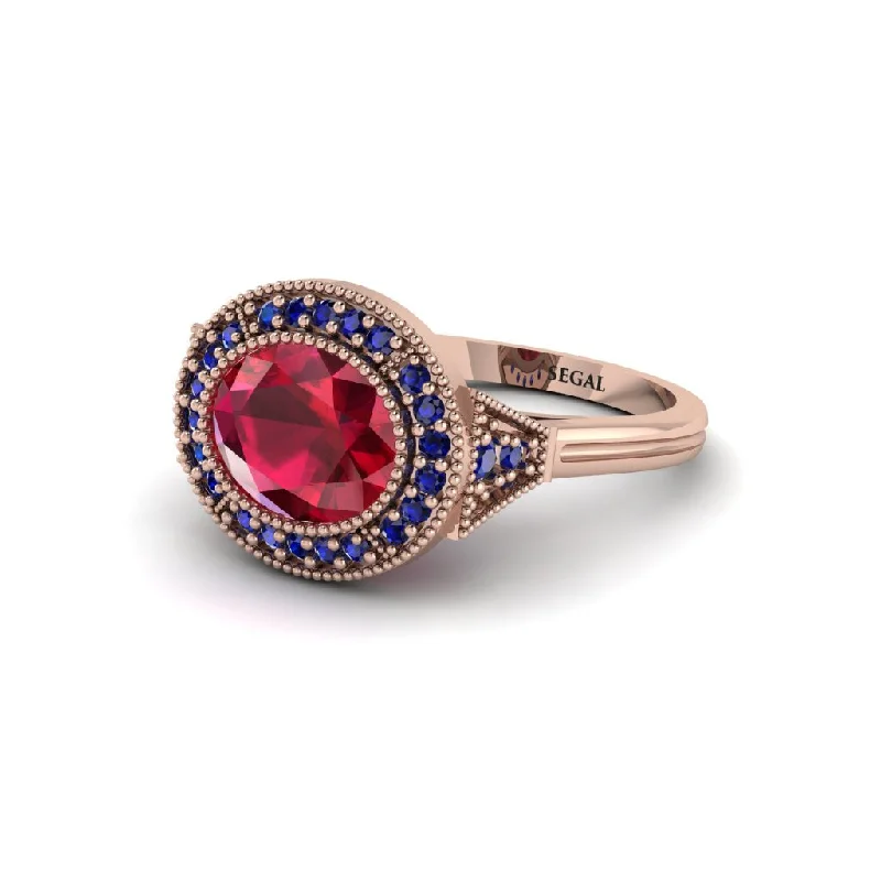 Simple Gemstone Rings For Special Celebrations-Oval Cut Ruby Milgrain Halo Engagement Ring - Alexandria No. 71