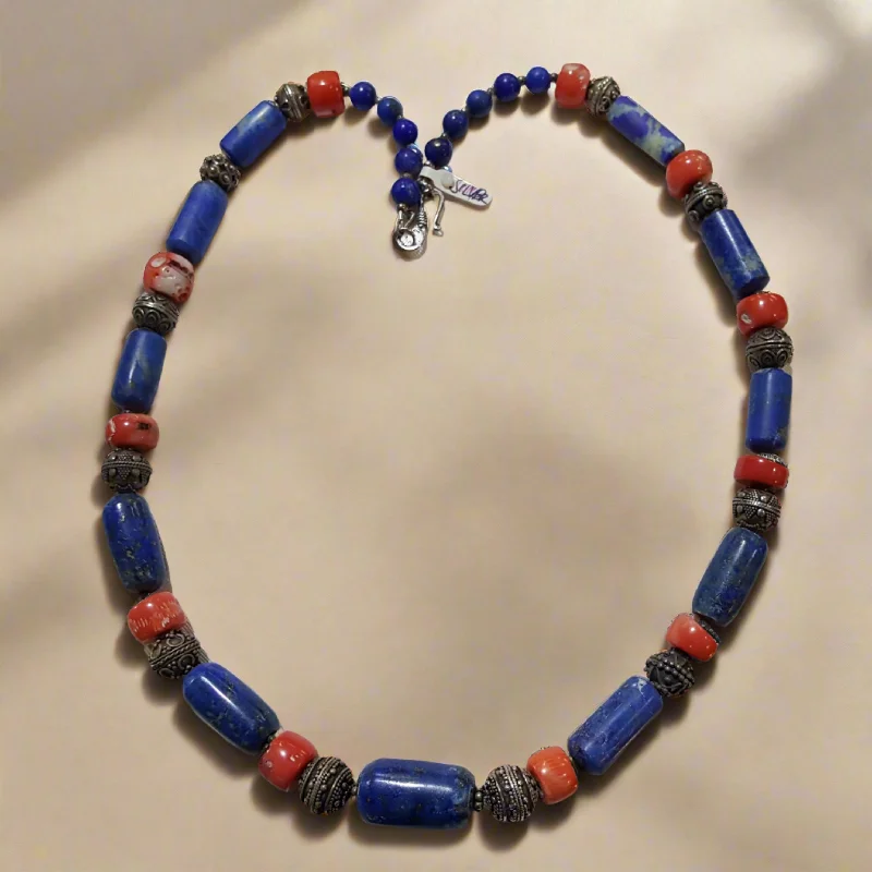 Personalized Name Necklace For Holiday Wear-Necklace with Lapis Lazuli & Red Coral and sterling silver elements