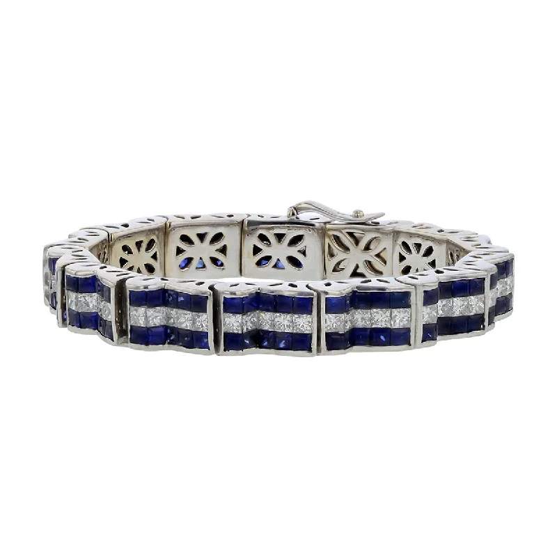 Women’s Trendy Bracelets For Fashion-14K Gold Princess-cut Diamond and Sapphire Bracelet