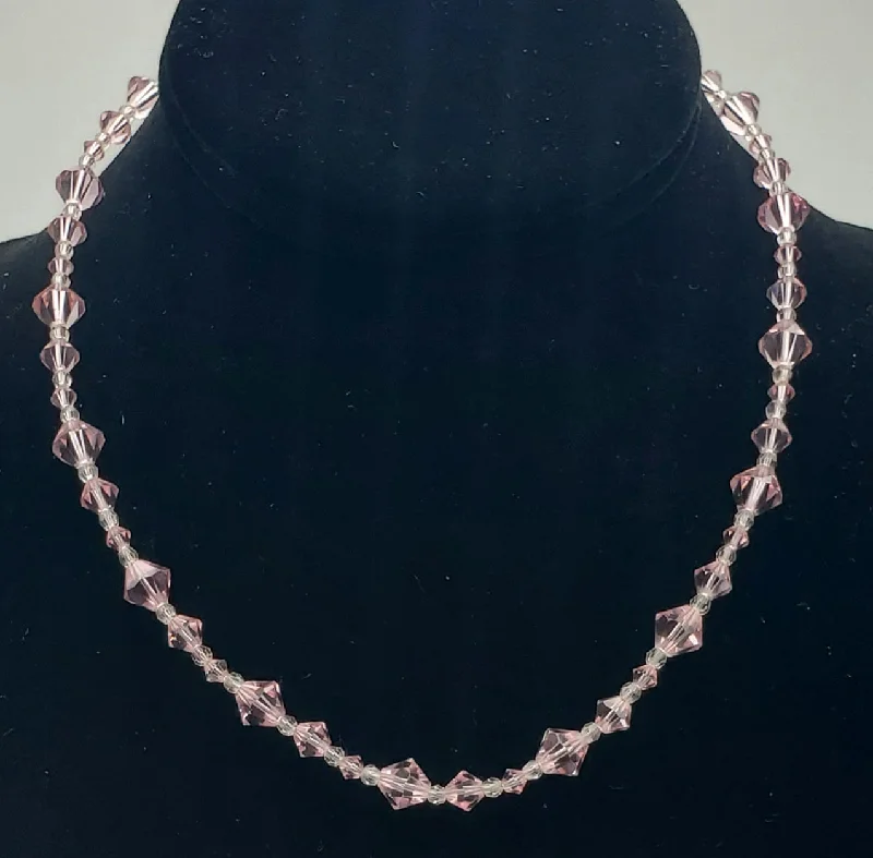 Custom Birthstone Necklace For Special Occasions-Faceted Cut Crystal Pink Glass Beaded Necklace with 10kt Gold Clasp - 16.5"