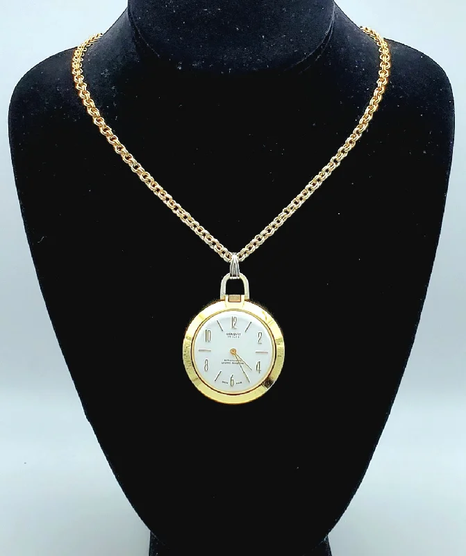 Classic Crystal Necklace For Elegant Occasions-Genovit - De Luxe Antimagnetic Mainspring Gold Tone Watch on Gold Tone Chain Necklace - 29"